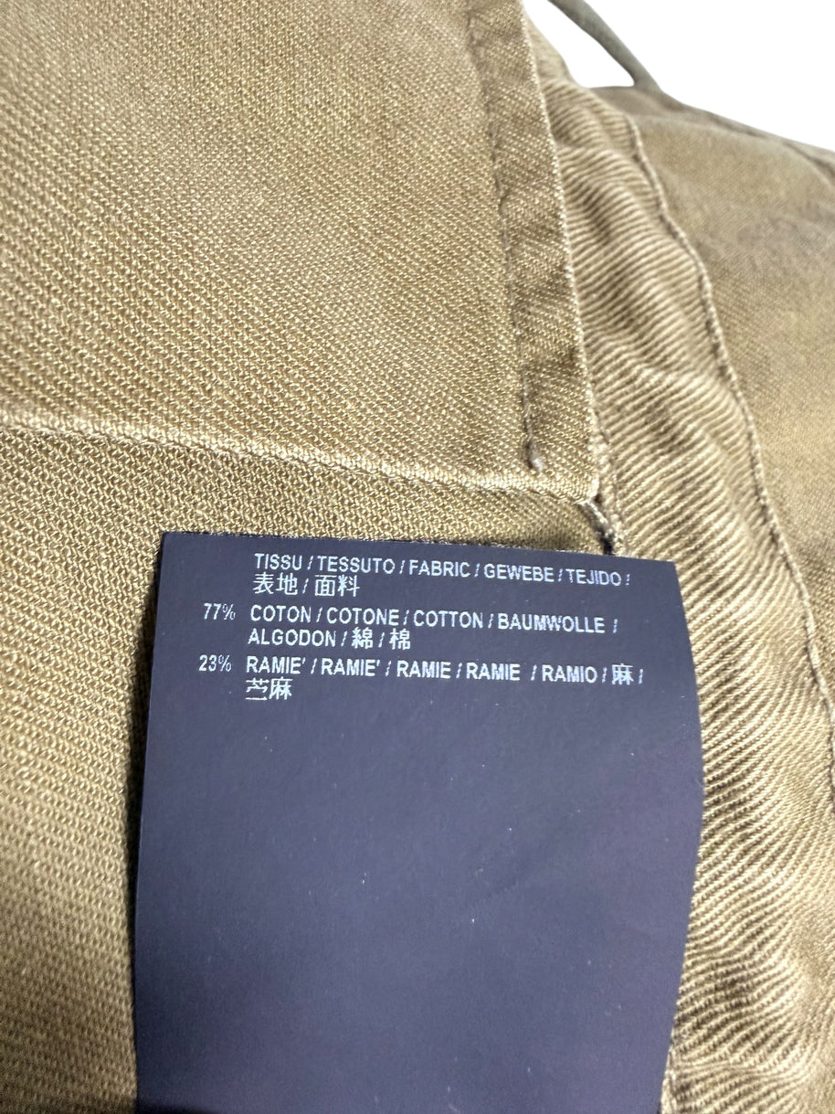 Saint Laurent Paris olive green military jacket composition label showing 77 percent cotton and 23 percent ramie fabric.