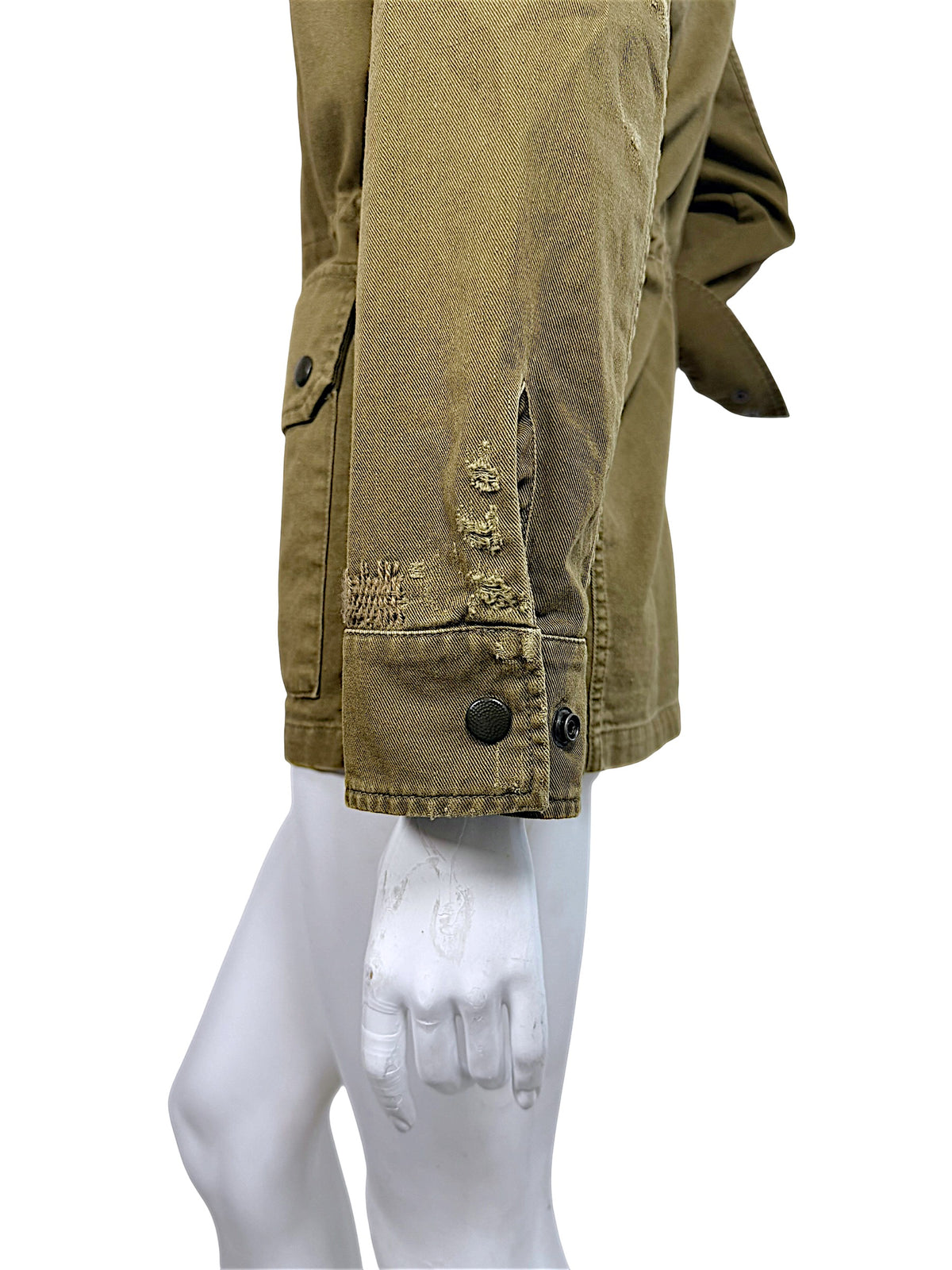 Saint Laurent olive green cotton blend military jacket sleeve detail showing intentional distressed fabric, fraying and buttoned cuff.