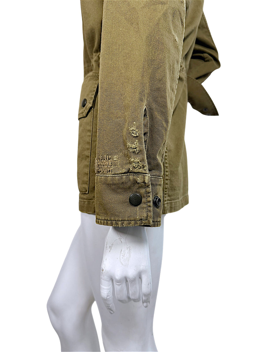 Saint Laurent olive green cotton blend military jacket sleeve detail showing intentional distressed fabric, fraying and buttoned cuff.