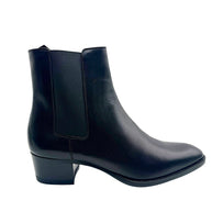 Side profile of Saint Laurent Paris black leather Chelsea ankle boot with stretch side panel, almond toe and low stacked block heel.
