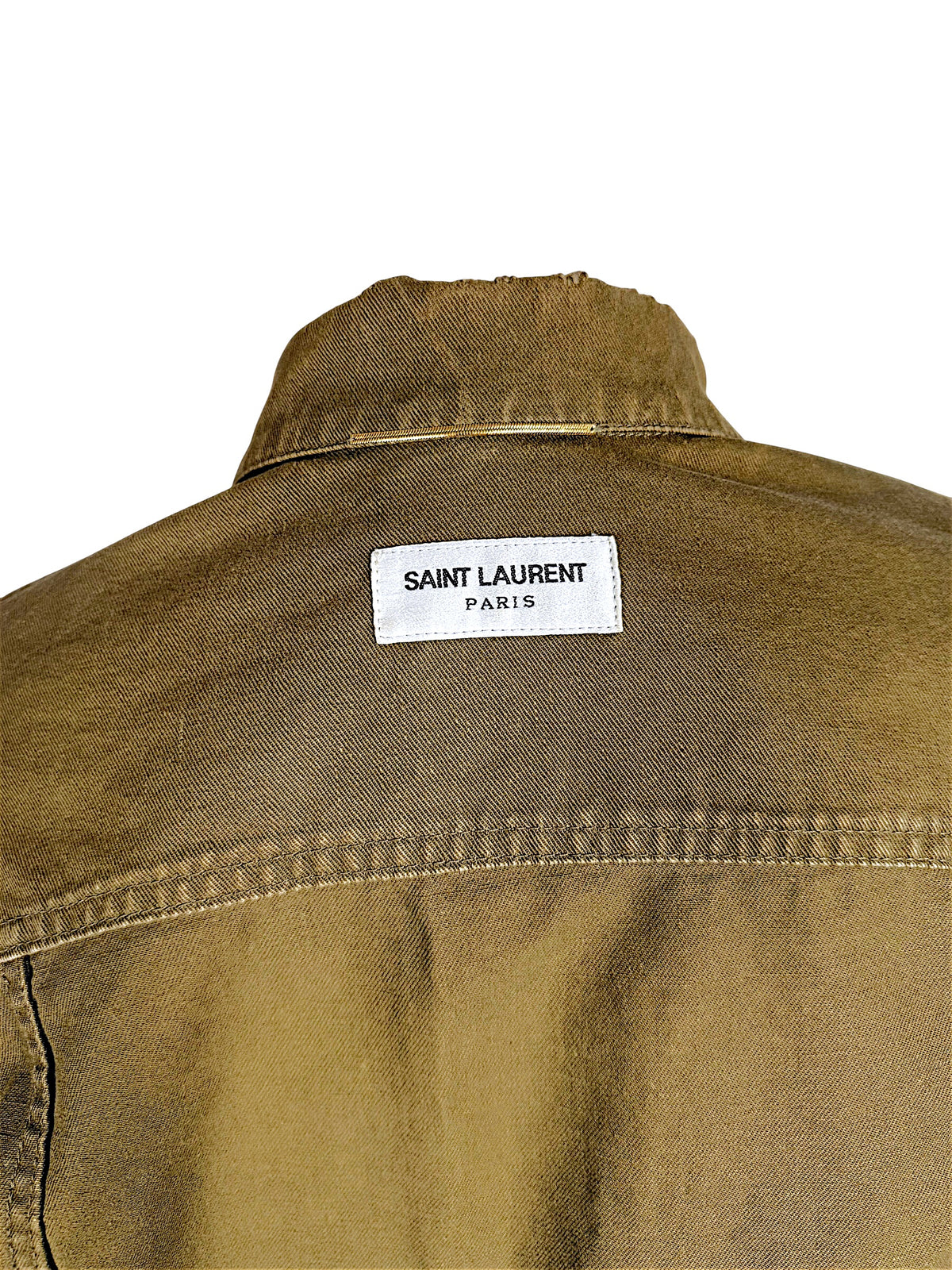 Close-up of Saint Laurent Paris designer label stitched inside the collar of the olive green military utility jacket.