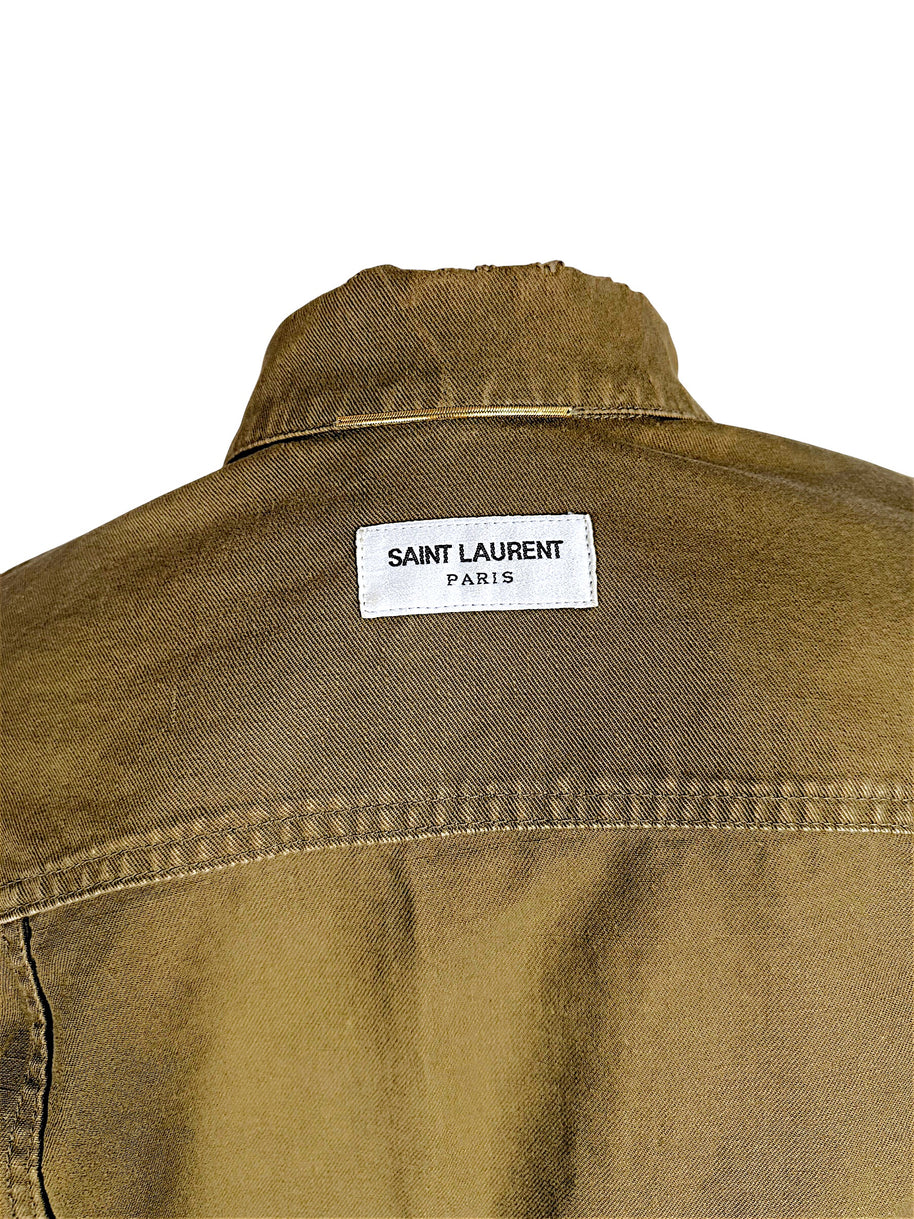 Close-up of Saint Laurent Paris designer label stitched inside the collar of the olive green military utility jacket.