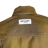 Close-up of Saint Laurent Paris designer label stitched inside the collar of the olive green military utility jacket.