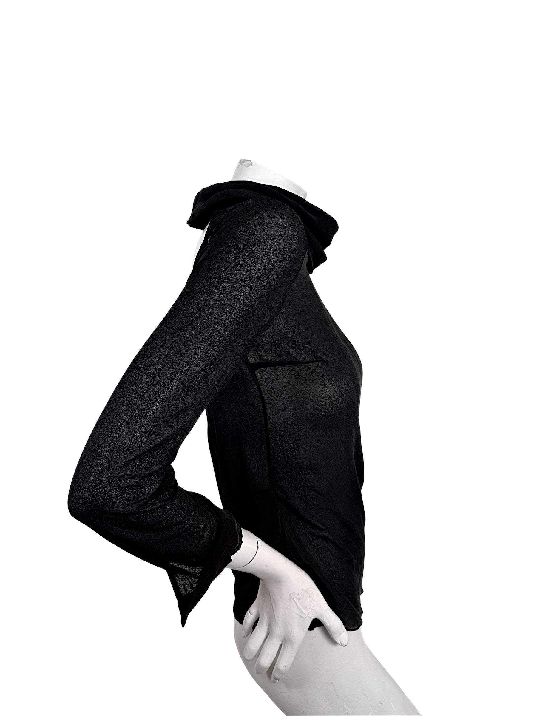 Saint Laurent Spring 2014 black sheer silk runway blouse with long sleeves and draped neckline, side view