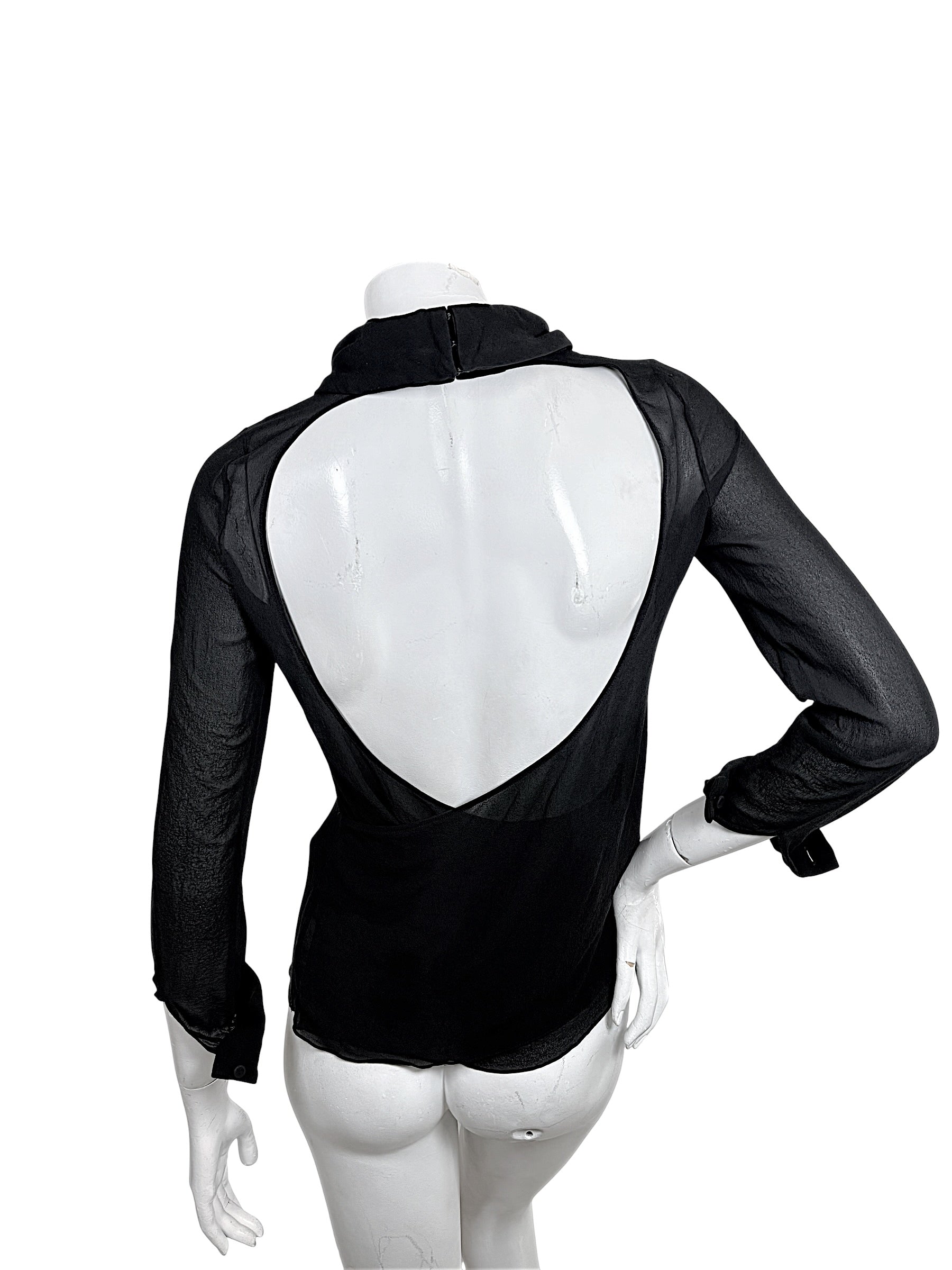 Saint Laurent SS14 Runway Look 19 sheer black silk blouse with dramatic open back, rear view