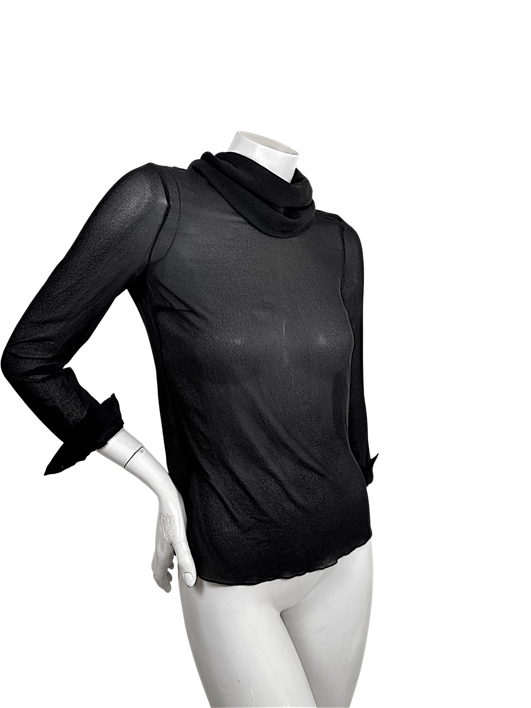 Saint Laurent SS14 Look 19 black sheer silk blouse with draped cowl neck, three-quarter front view