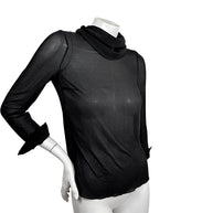 Saint Laurent SS14 Look 19 black sheer silk blouse with draped cowl neck, three-quarter front view