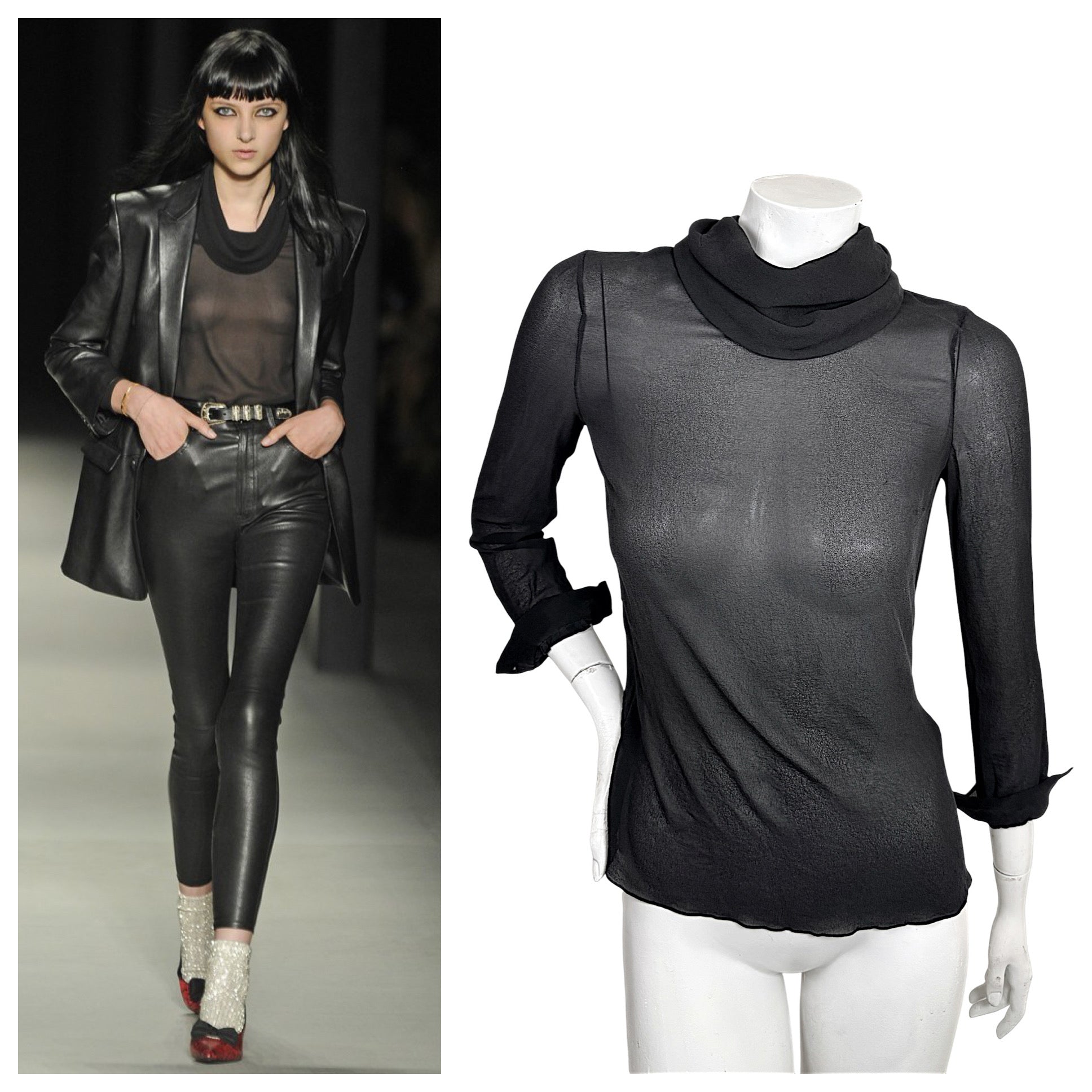 Saint Laurent Spring Summer 2014 Runway Look 19 alongside the documented black sheer silk blouse by Hedi Slimane