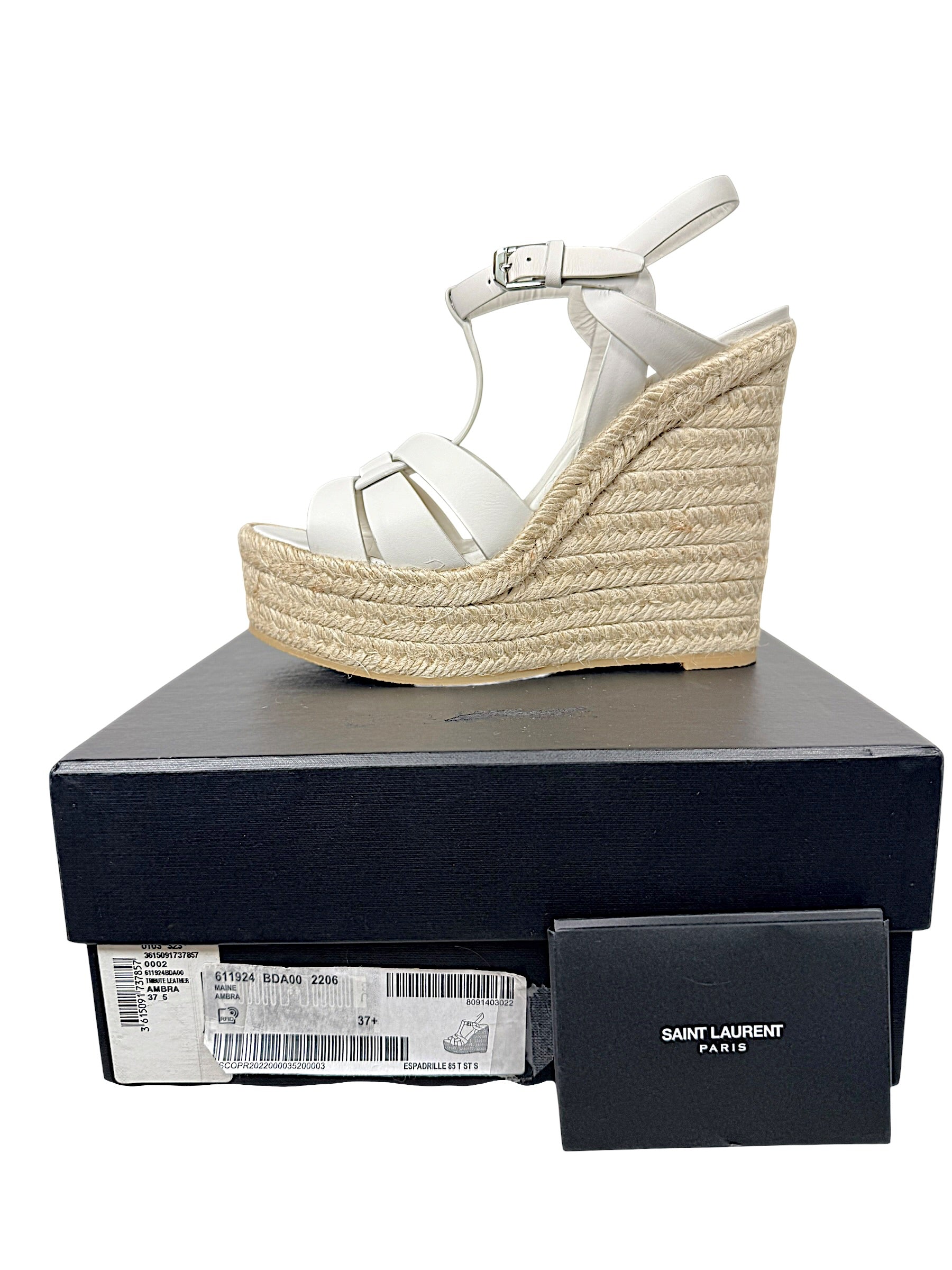 Saint Laurent Tribute espadrille platform wedge sandal size 37.5 shown with Saint Laurent box label and retail booklet
