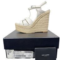 Saint Laurent Tribute espadrille platform wedge sandal size 37.5 shown with Saint Laurent box label and retail booklet