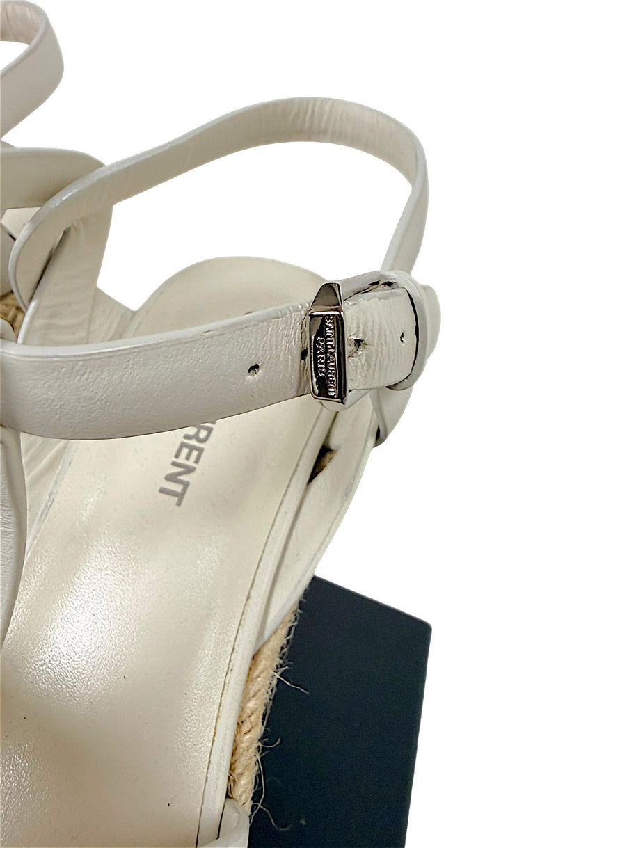 Saint Laurent Tribute white leather espadrille sandal adjustable ankle strap and engraved silver-tone buckle detail