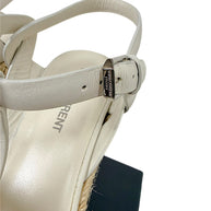 Saint Laurent Tribute white leather espadrille sandal adjustable ankle strap and engraved silver-tone buckle detail