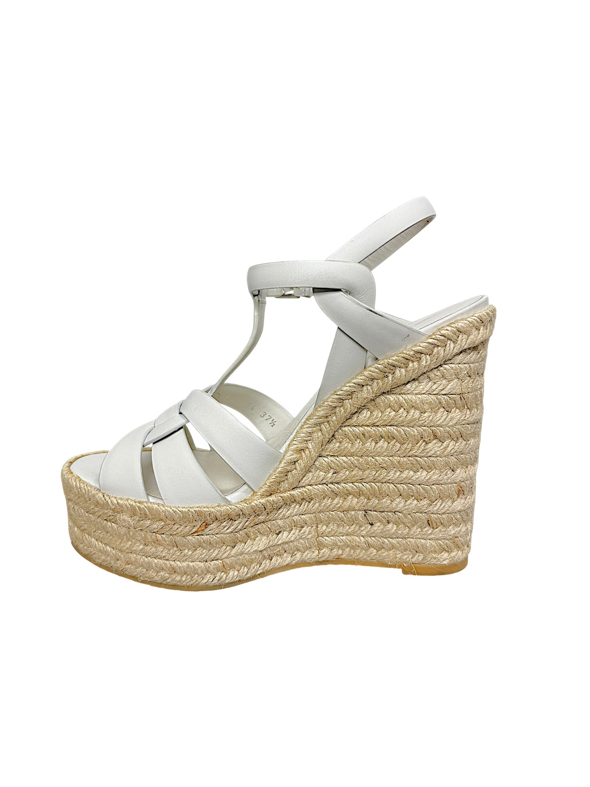 Saint Laurent Tribute white leather espadrille wedge sandal side view showing ankle buckle, T-strap and braided jute construction