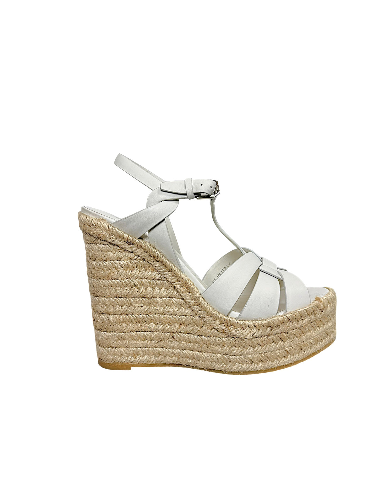 Side profile of Saint Laurent Tribute white leather espadrille sandal with natural braided jute platform wedge