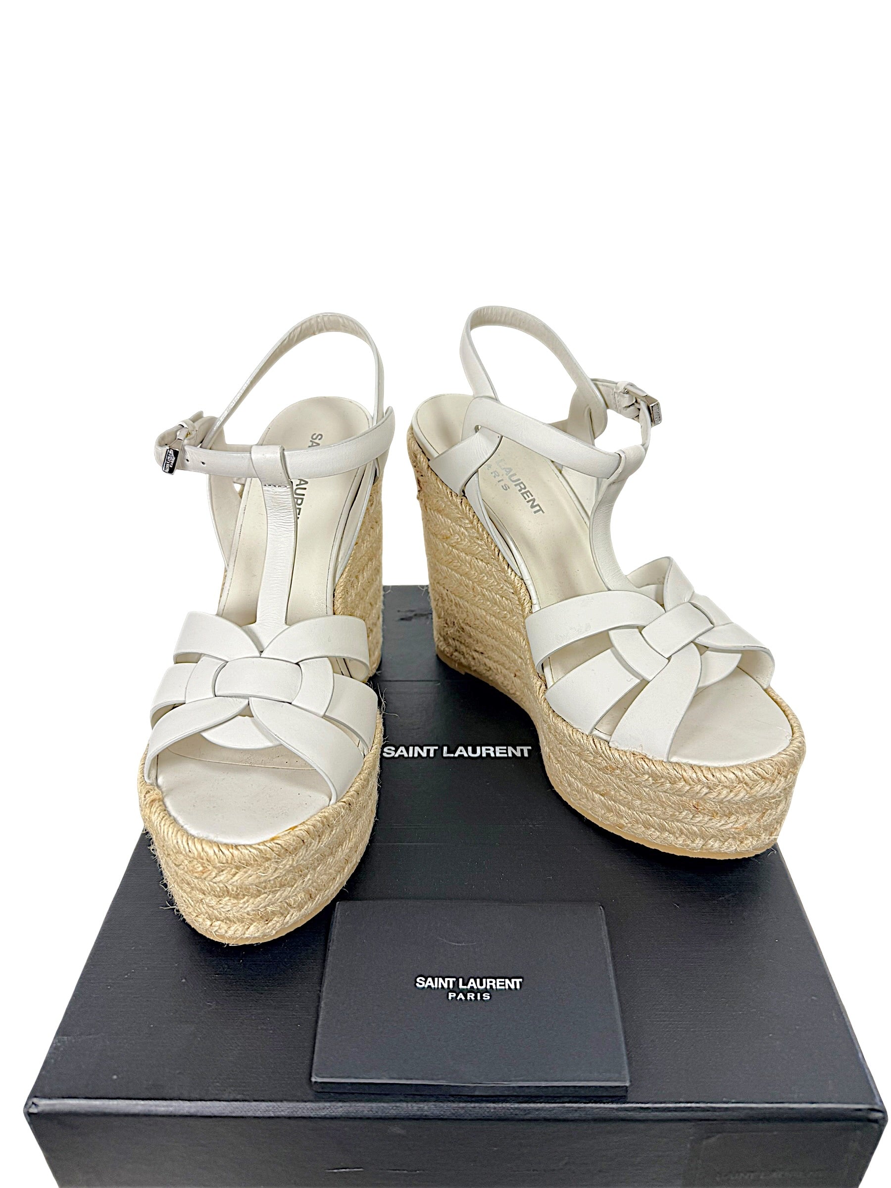 Saint Laurent Tribute white leather espadrille platform wedge sandals size 37.5 with box and retail booklet, front view