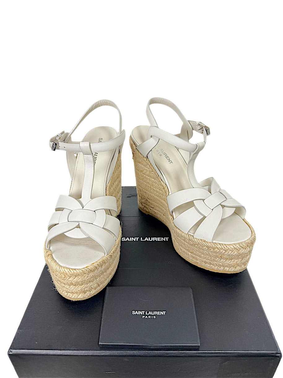 Saint Laurent Tribute white leather espadrille platform wedge sandals size 37.5 with box and retail booklet, front view