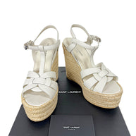 Saint Laurent Tribute white leather espadrille platform wedge sandals size 37.5 with box and retail booklet, front view