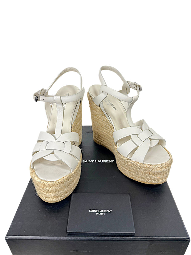 Saint Laurent Tribute white leather espadrille platform wedge sandals size 37.5 with box and retail booklet, front view