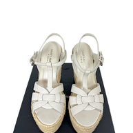 Saint Laurent Tribute white leather espadrille wedge sandals size 37.5 showing interwoven straps and T-strap design