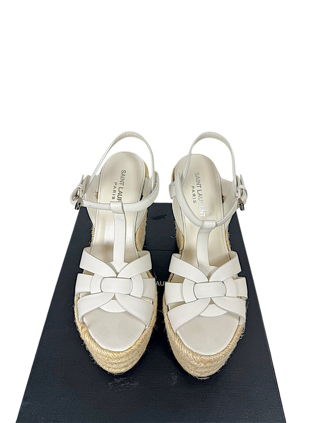 Saint Laurent Tribute white leather espadrille wedge sandals size 37.5 showing interwoven straps and T-strap design