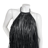 Close-up of Silvia Tcherassi Susa black fringe dress showing halter neckline, lace and layered fringe
