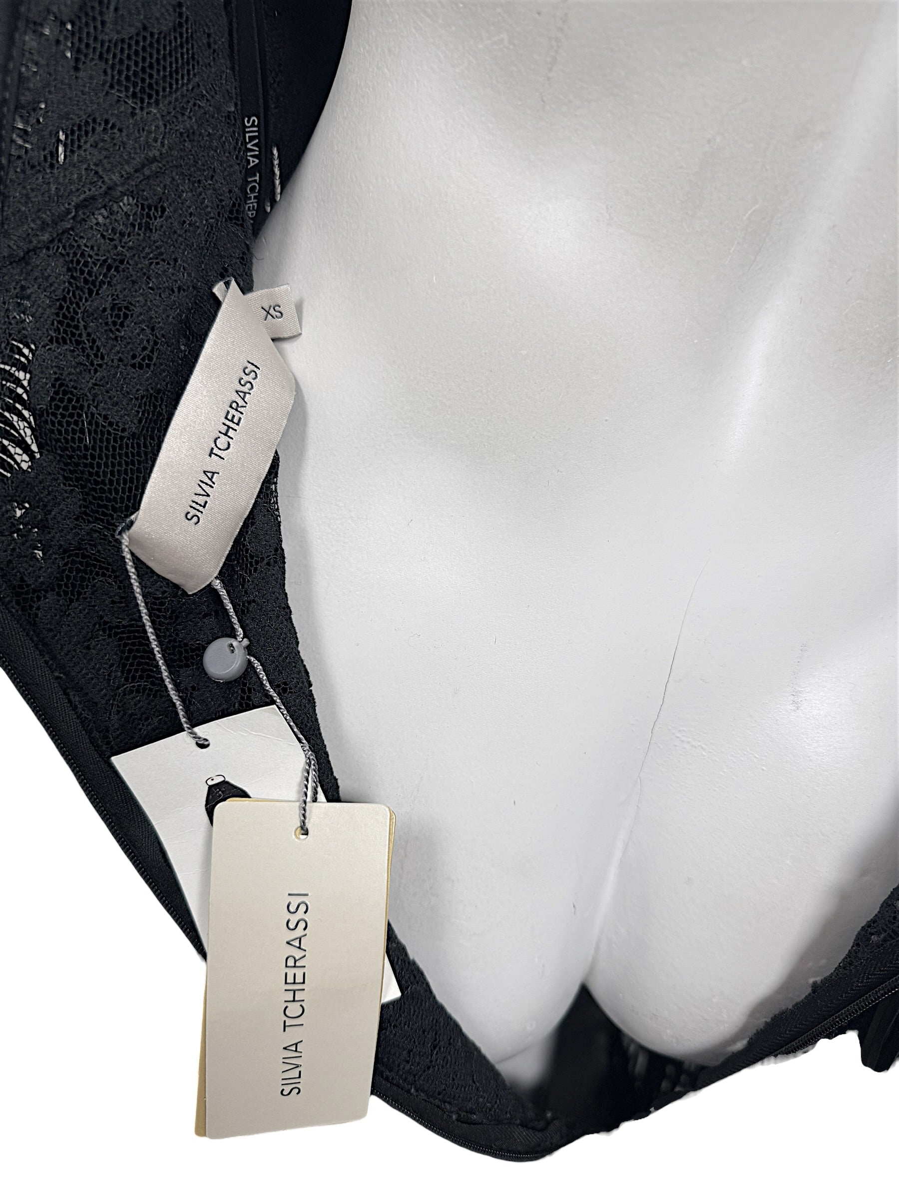 Silvia Tcherassi Susa dress interior showing black lace construction, XS size label and original designer tags