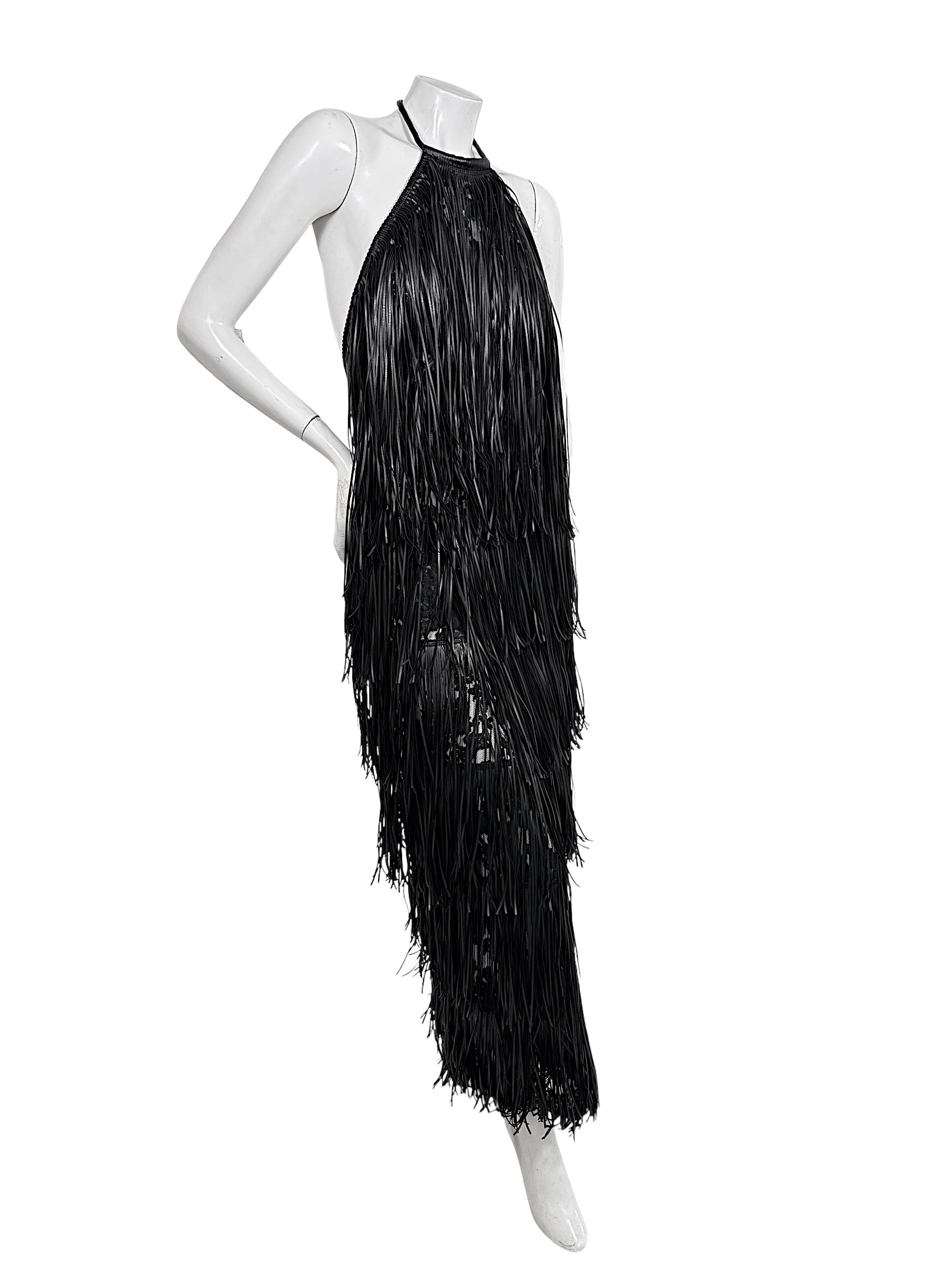 Silvia Tcherassi Susa Resort 2024 black fringe maxi dress shown from angled side view