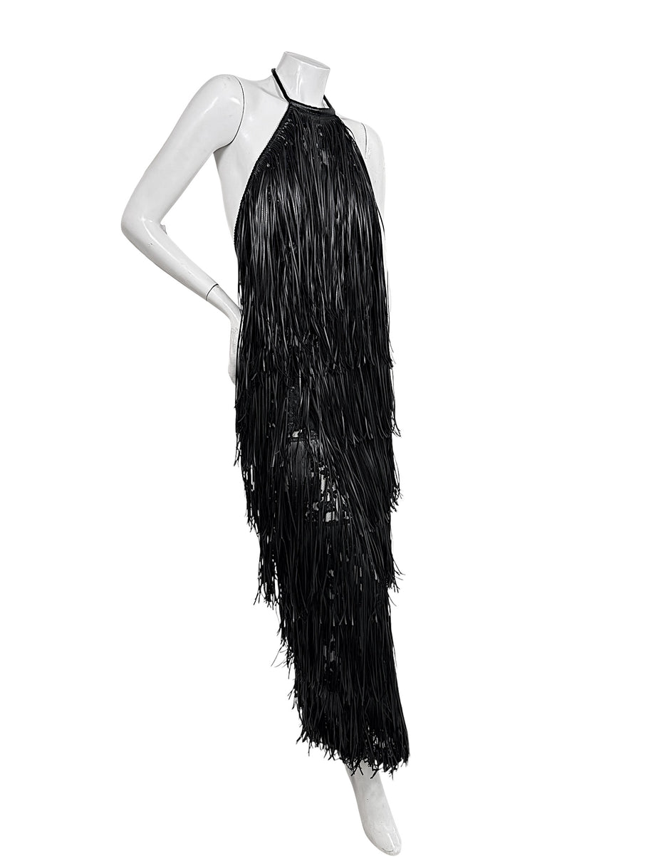 Silvia Tcherassi Susa Resort 2024 black fringe maxi dress shown from angled side view