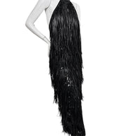 Silvia Tcherassi Susa Resort 2024 black fringe maxi dress shown from angled side view