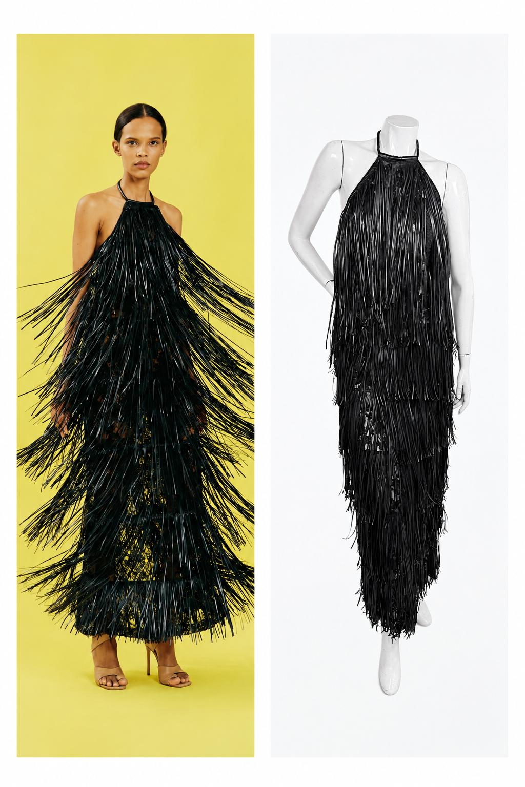 Silvia Tcherassi Susa Resort 2024 Look 12 black fringe halter dress shown on model and mannequin