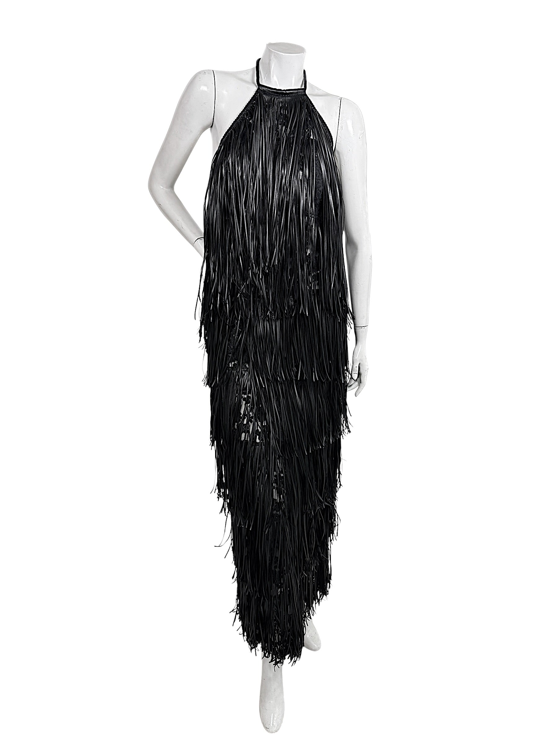 Silvia Tcherassi Susa black fringe halter maxi dress from Resort 2024 Look 12, full front view