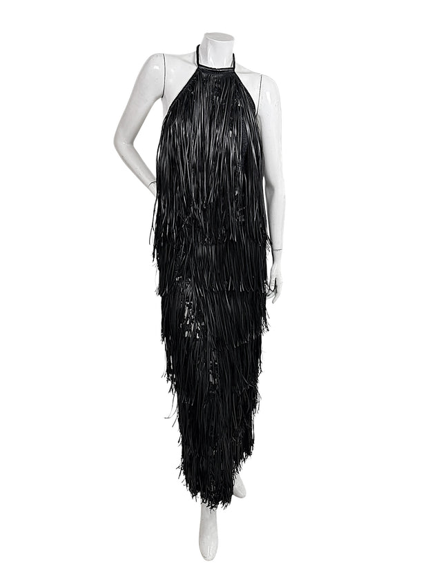Silvia Tcherassi Susa black fringe halter maxi dress from Resort 2024 Look 12, full front view