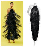 Silvia Tcherassi Resort 2024 Look 12 Susa black fringe dress shown beside WWD collection image for documented style comparison