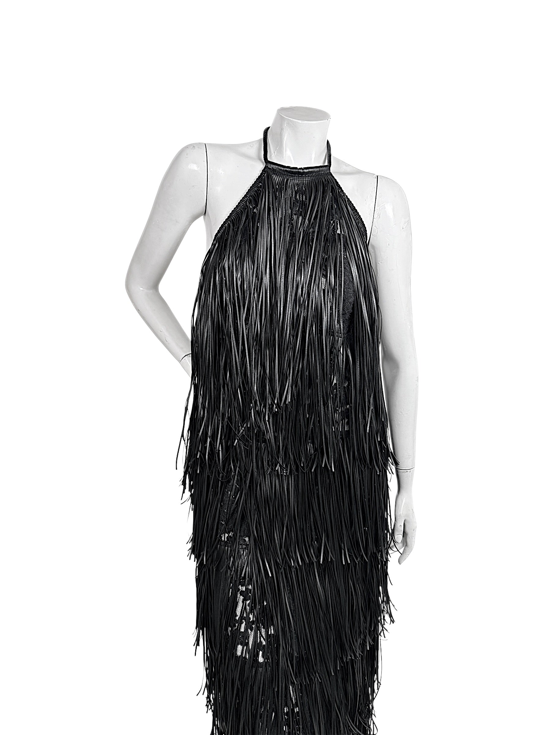 Silvia Tcherassi Resort 2024 Look 12 Susa dress in black lace with layered fringe, front view