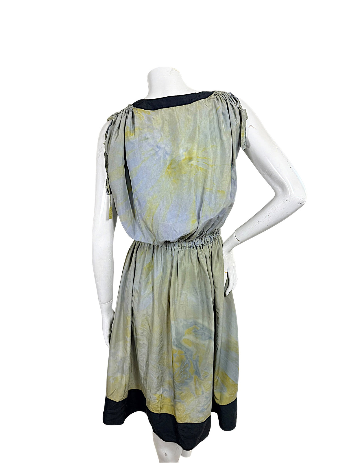 Sonia Rykiel silk asymmetric dress with gathered shoulders, elastic waist and black trim, back view