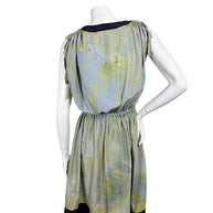 Sonia Rykiel silk asymmetric dress with gathered shoulders, elastic waist and black trim, back view