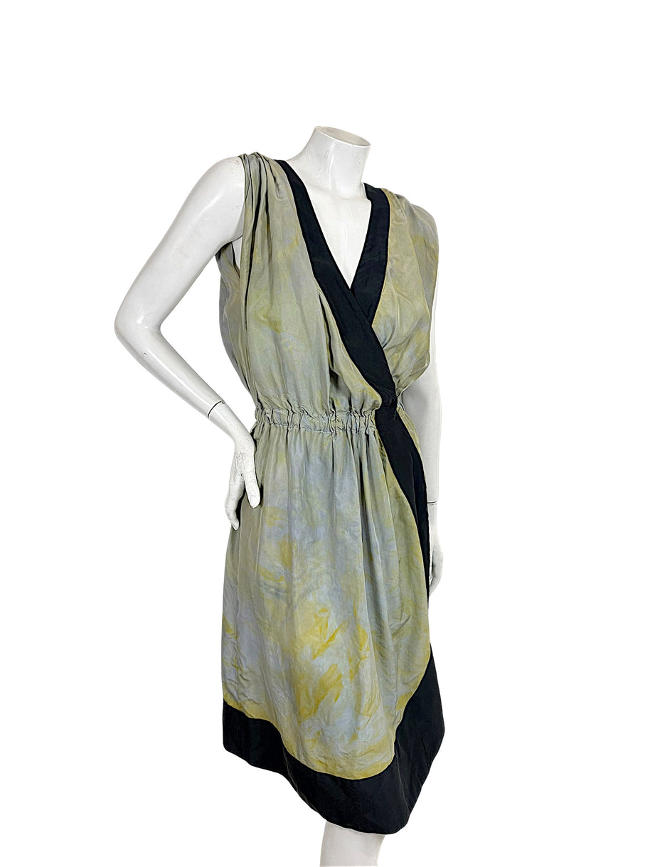 Sonia Rykiel silk draped asymmetric dress with deep V neckline and black contrast trim, angled front view