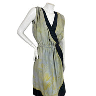 Sonia Rykiel silk draped asymmetric dress with deep V neckline and black contrast trim, angled front view