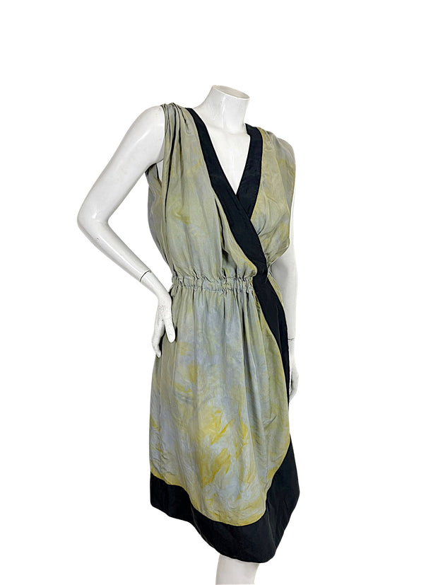 Sonia Rykiel silk draped asymmetric dress with deep V neckline and black contrast trim, angled front view