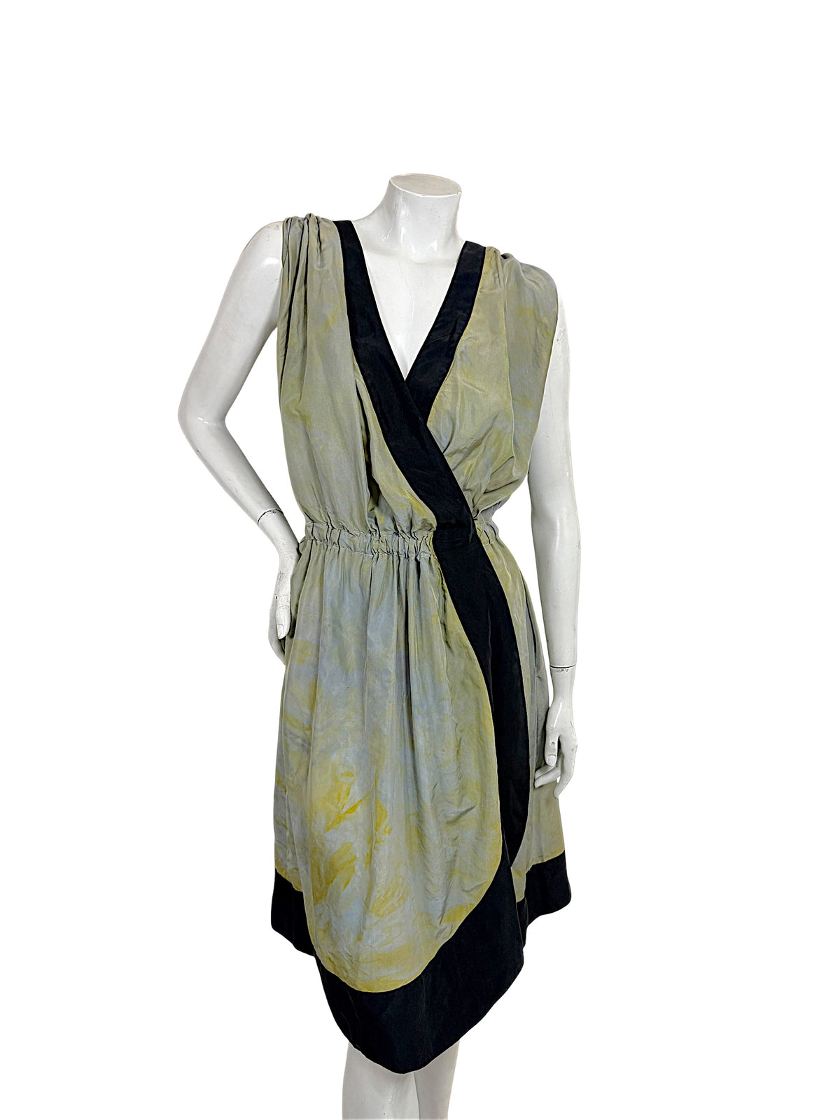 Sonia Rykiel 100% silk asymmetric dress in sage gray and yellow with black contrast trim, front view