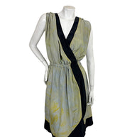 Sonia Rykiel 100% silk asymmetric dress in sage gray and yellow with black contrast trim, front view