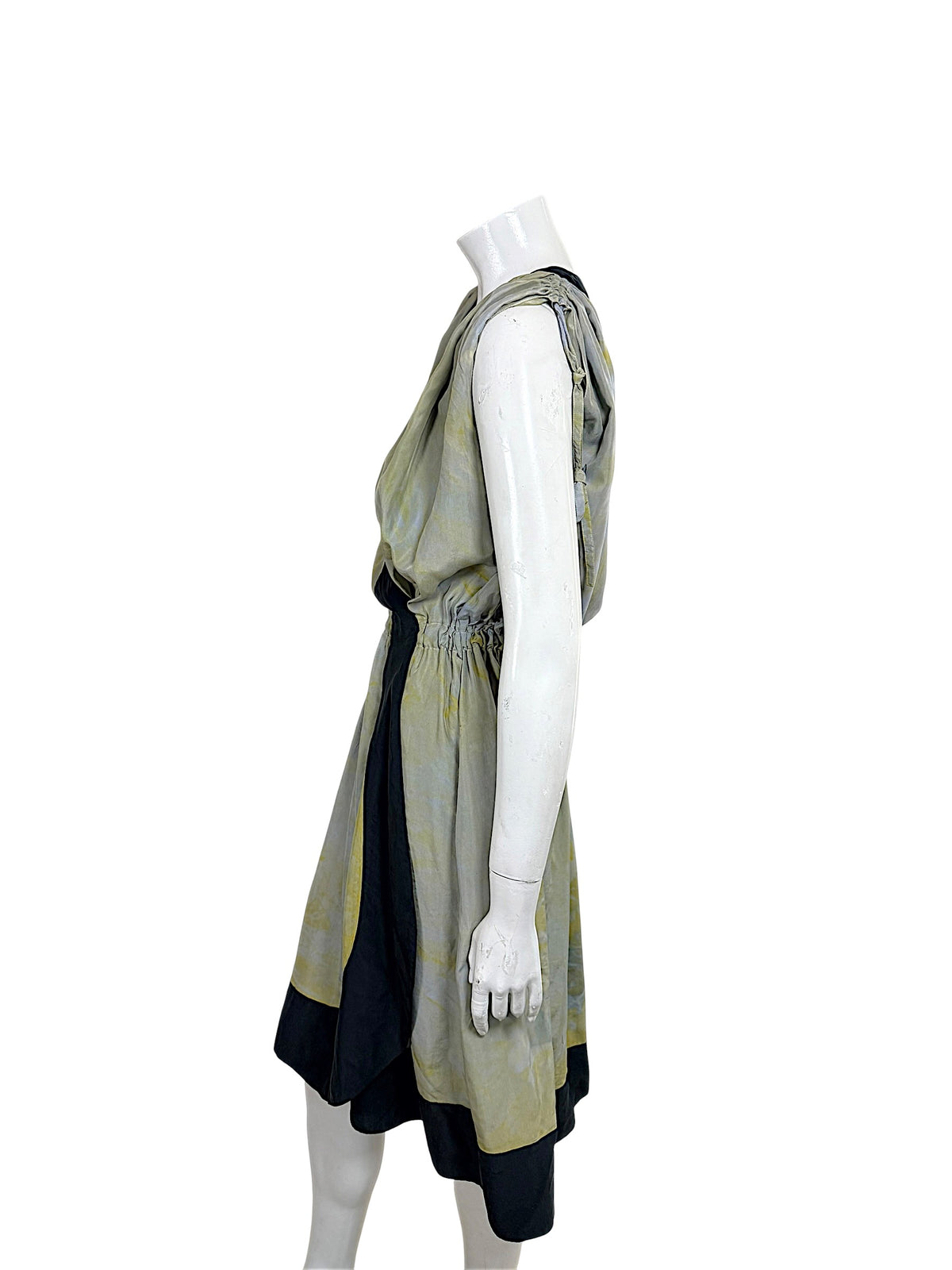 Sonia Rykiel Made in France silk dress showing draped bodice and asymmetric layered hem from side