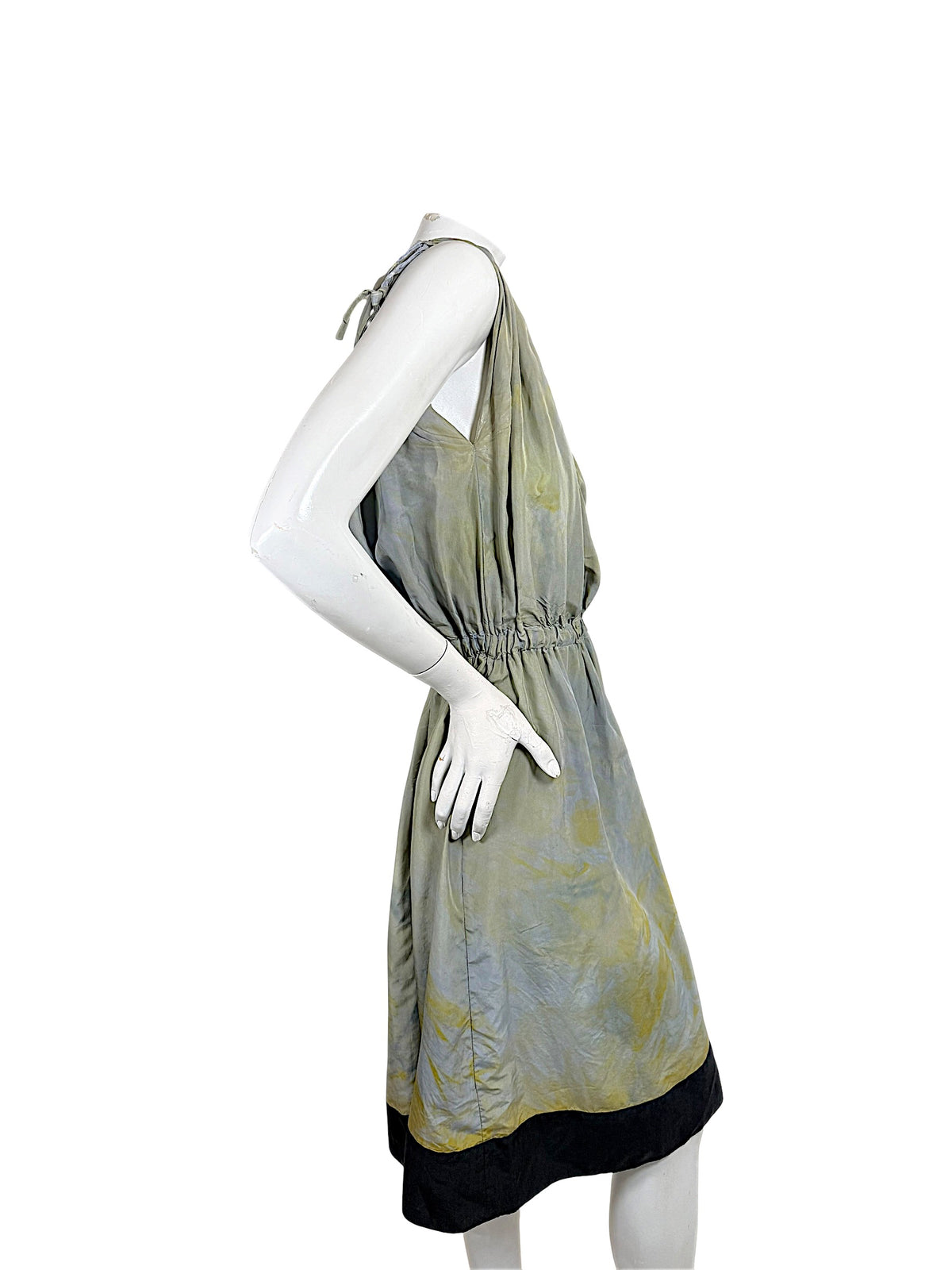 Sonia Rykiel 100% silk dress with gathered elastic waist and asymmetric black-trimmed hem, side view
