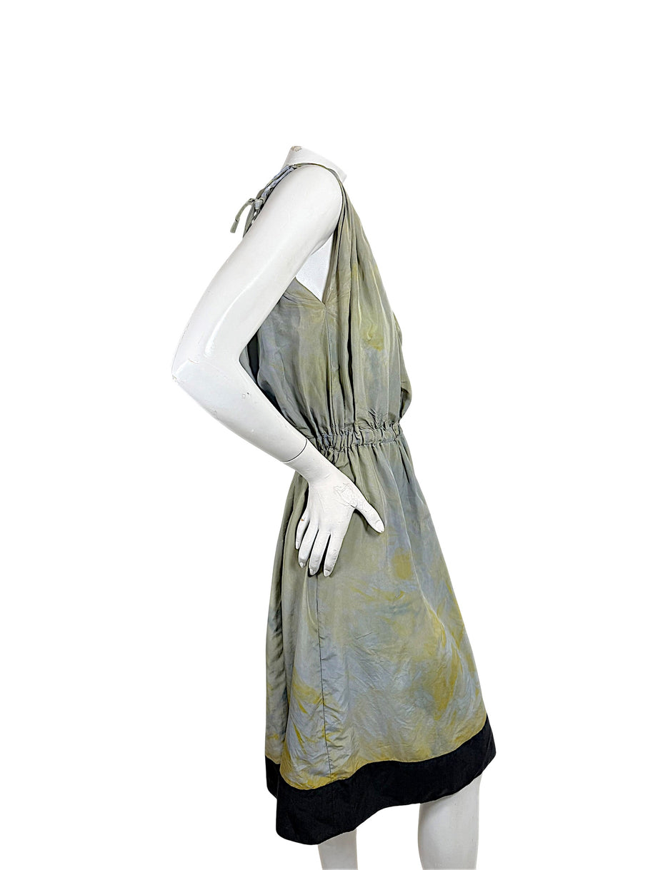 Sonia Rykiel 100% silk dress with gathered elastic waist and asymmetric black-trimmed hem, side view