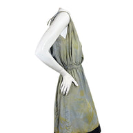 Sonia Rykiel 100% silk dress with gathered elastic waist and asymmetric black-trimmed hem, side view