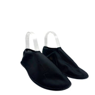 Women's The Row black mesh sock flats, alternate three-quarter front view highlighting sheer ribbed textile, rounded toes and tonal trim.
