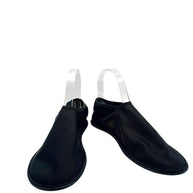 The Row black sheer mesh sock ballet flats in EU 38, front angled view showing rounded toes, ribbed nylon uppers and minimalist slip-on silhouette.