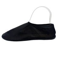 Lateral side view of The Row women's black mesh sock ballet flat, highlighting the lightweight sheer upper, rounded toe and low-profile sole.