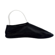 The Row black nylon mesh sock flat shown from the opposite side, with fine ribbed texture, streamlined slip-on opening and flat outsole.