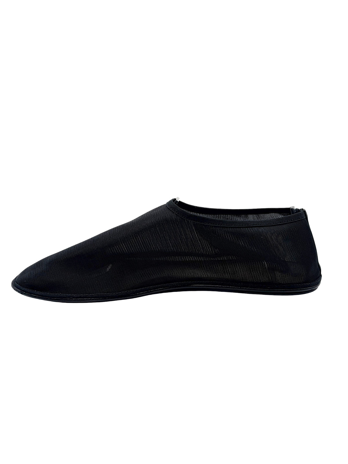 Opposite side view of The Row black mesh sock shoe in EU 38, displaying semi-sheer ribbed nylon construction and minimalist flat silhouette.